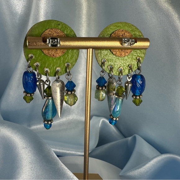 Whimsical Green & Blue Dangle Statement Earrings – Mixed Media Art Jewelry - Picture 9 of 10